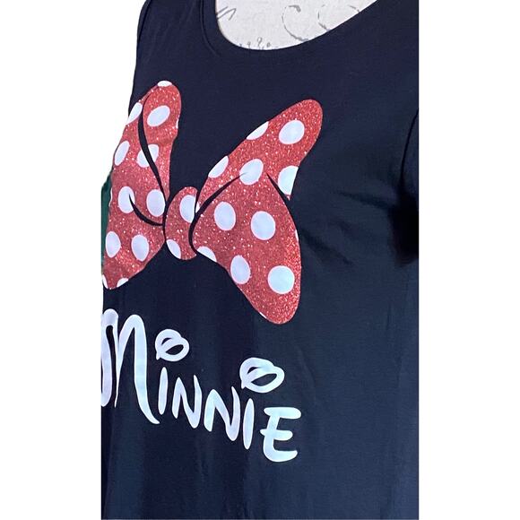 Disney Minnie Womens Small Soft Stretch Black Shirt Red Bow White Polka Dots - Picture 7 of 7